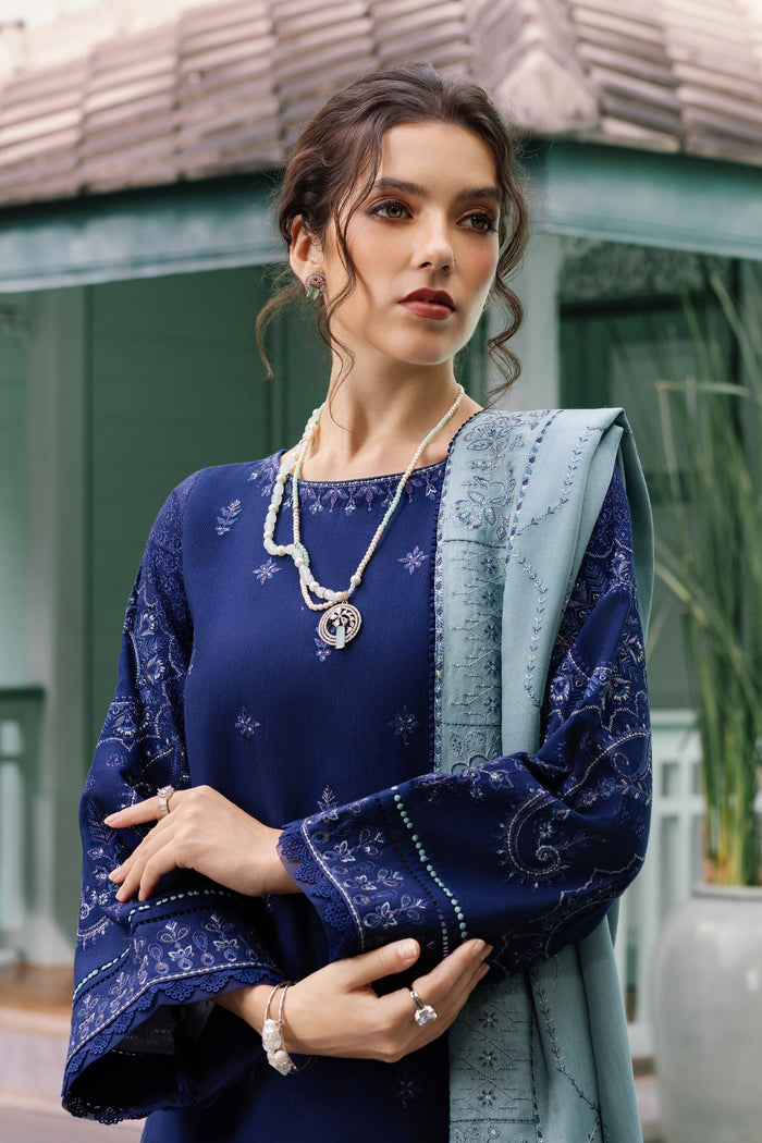 Woman wearing a blue traditional outfit with a necklace, standing outdoors.