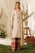 NAQSHI Numa beige ready-to-wear casual outfit with cotton satin straight shirt, printed culotte trousers, and net dupatta