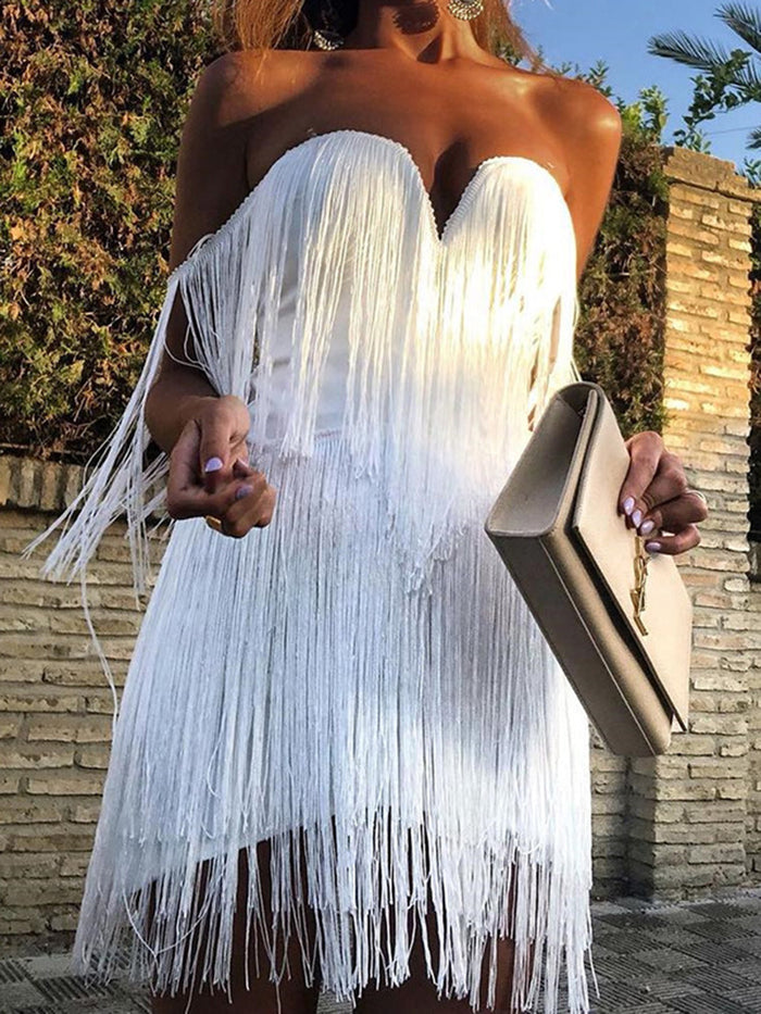 Off-the-shoulder Solid Color Tassel Evening Dress