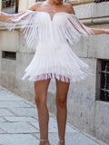 Off-the-shoulder Solid Color Tassel Evening Dress