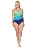 On shoulder one piece color block tank swim suit