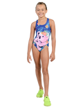 Koala family themed one piece bathing suit in deep blue background with natural fauna
