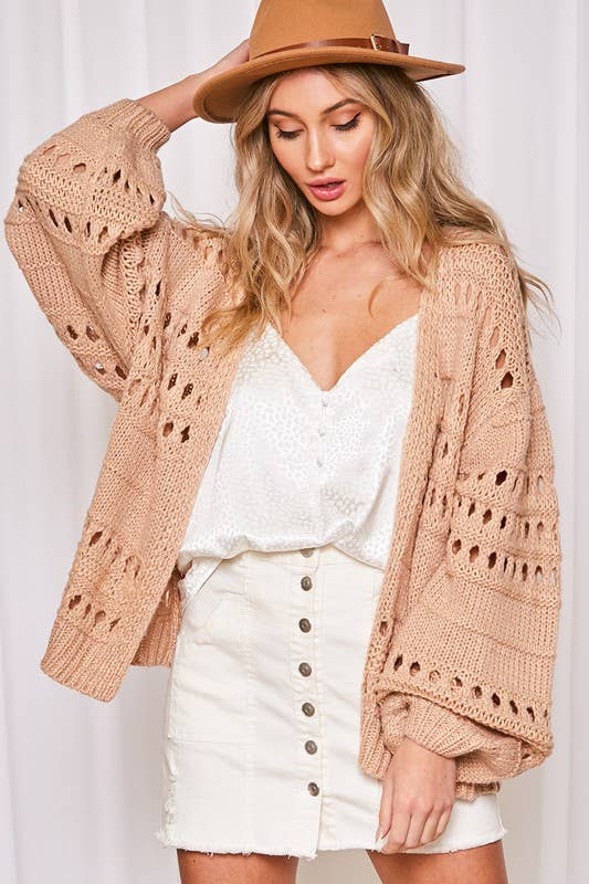 Open Front Balloon Sleeves Knitted Crochet Cardigan