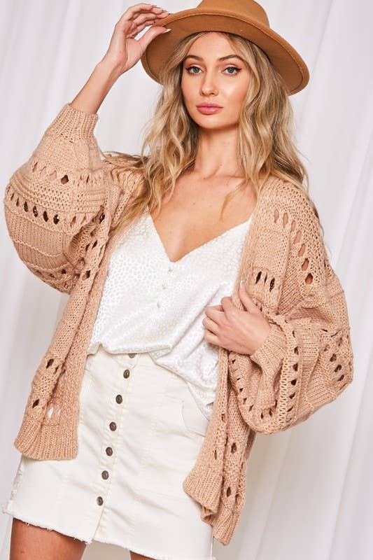 Open Front Balloon Sleeves Knitted Crochet Cardigan