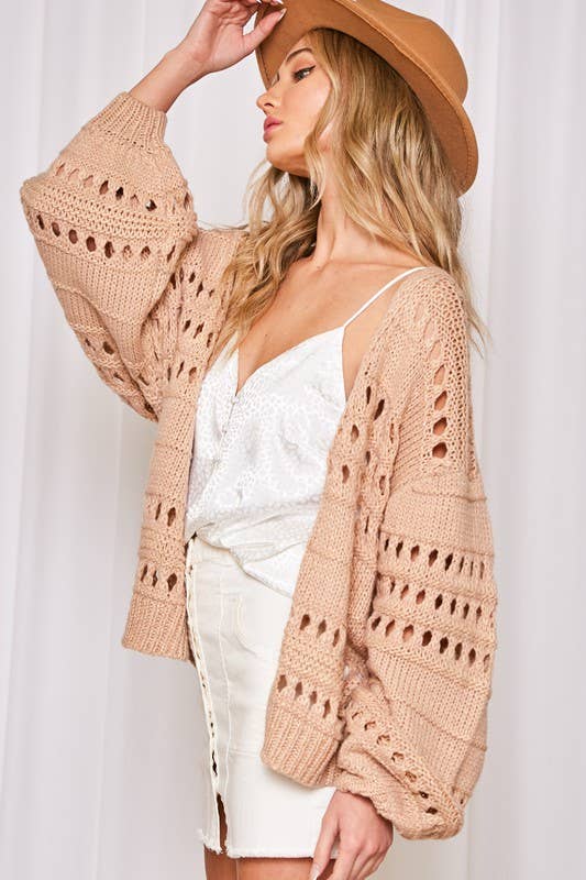 Open Front Balloon Sleeves Knitted Crochet Cardigan