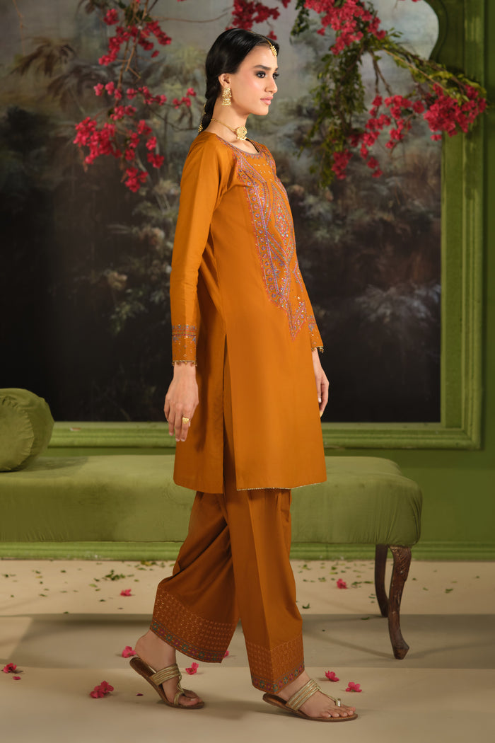 NAQSHI Ordhni rust three piece outfit showing straight Pima lawn shirt with cambric trousers and flowing net dupatta