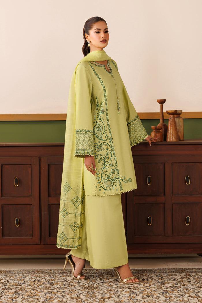 Side standing view of NAQSHI light green outfit highlighting clean cambric cut, culotte trousers, and balanced silhouette