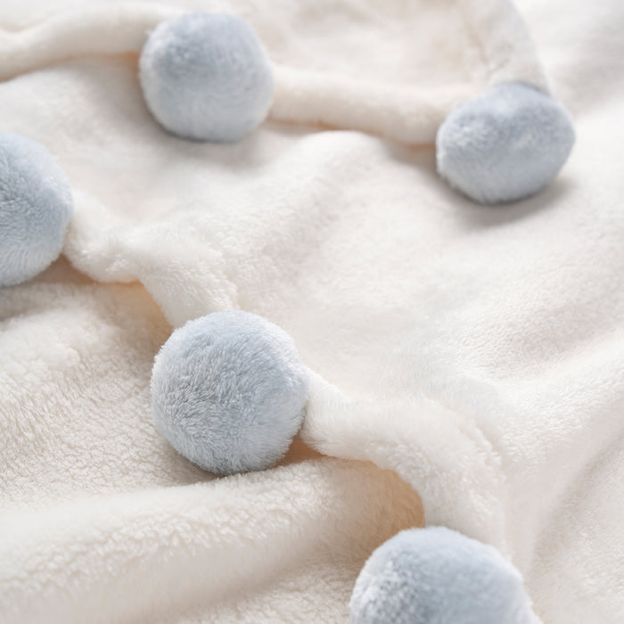 Pale Blue Pom Trim Fleece Baby Stroller Blanket