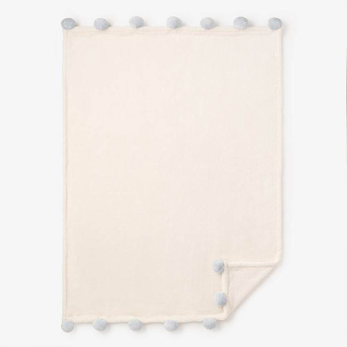 Pale Blue Pom Trim Fleece Baby Stroller Blanket