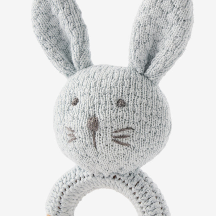 Pale Blue Textured Knit Blanket + Bunny Ring Rattle Gift Set