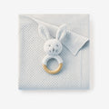 Pale Blue Textured Knit Blanket + Bunny Ring Rattle Gift Set