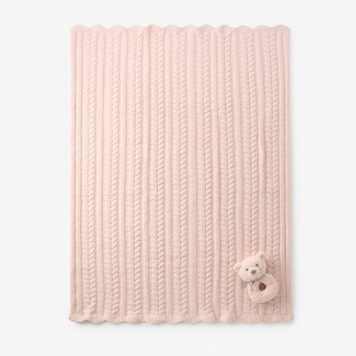Pale Pink Cable Feather Knit Baby Blanket + Rattle Gift Set