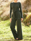 Paneled Crew Neck Long Sleeve Plain Suits