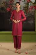 NAQSHI Parwaaz maroon three piece ready to wear outfit front view with embroidered Pima lawn shirt, cambric culotte trousers, and crinkle dupatta with sequin spread