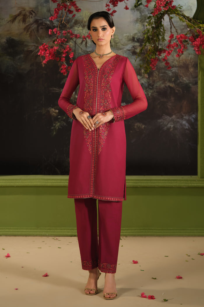 NAQSHI Parwaaz maroon three piece ready to wear outfit front view with embroidered Pima lawn shirt, cambric culotte trousers, and crinkle dupatta with sequin spread