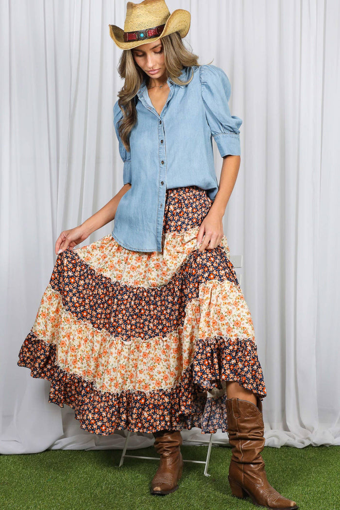 Patchwork Floral Print Bohemian-Inspired Maxi Skirt
