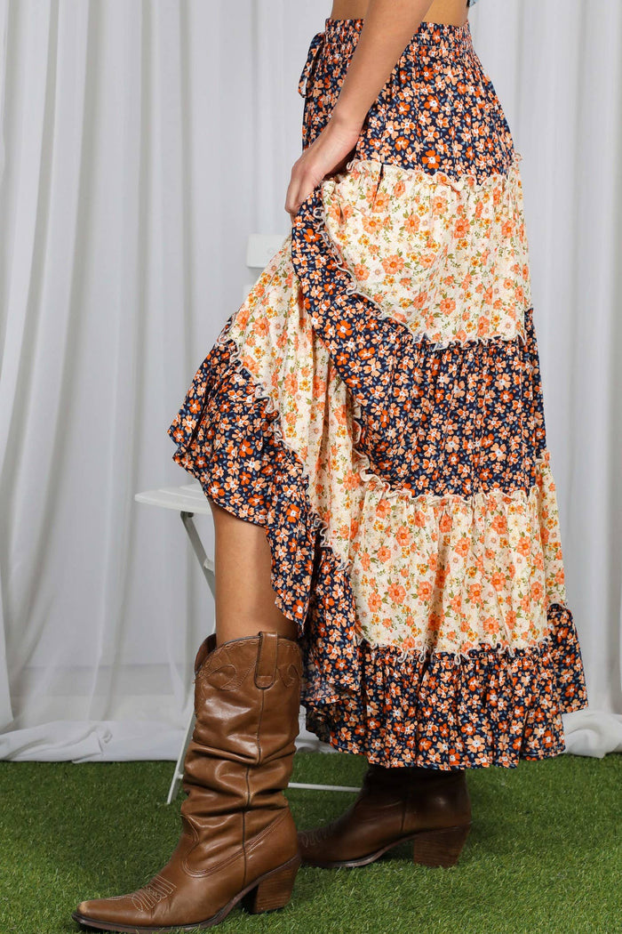 Patchwork Floral Print Bohemian-Inspired Maxi Skirt