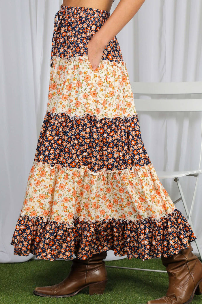 Patchwork Floral Print Bohemian-Inspired Maxi Skirt