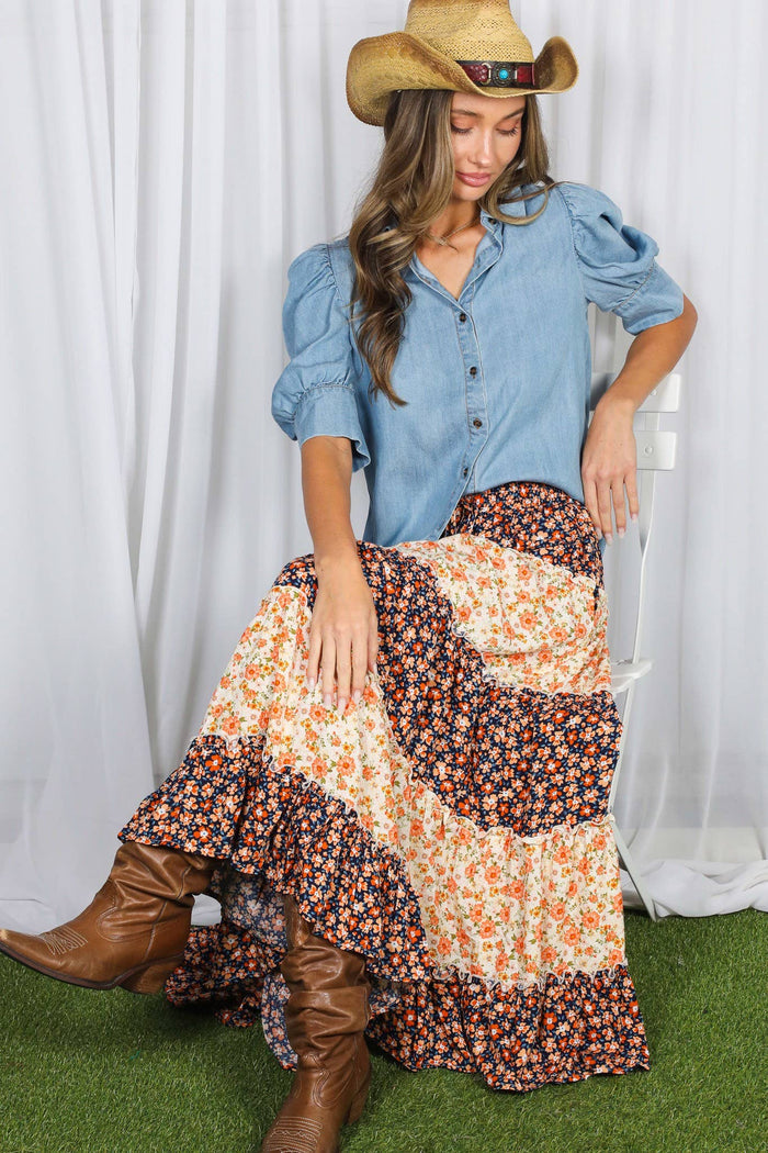 Patchwork Floral Print Bohemian-Inspired Maxi Skirt
