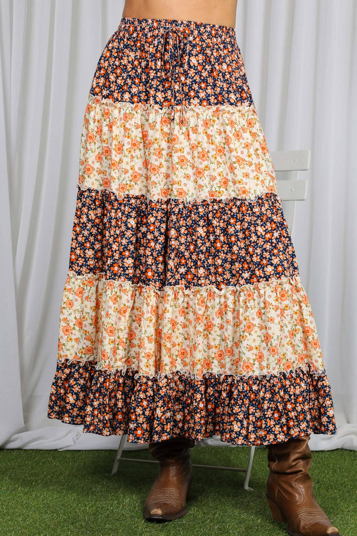 Patchwork Floral Print Bohemian-Inspired Maxi Skirt