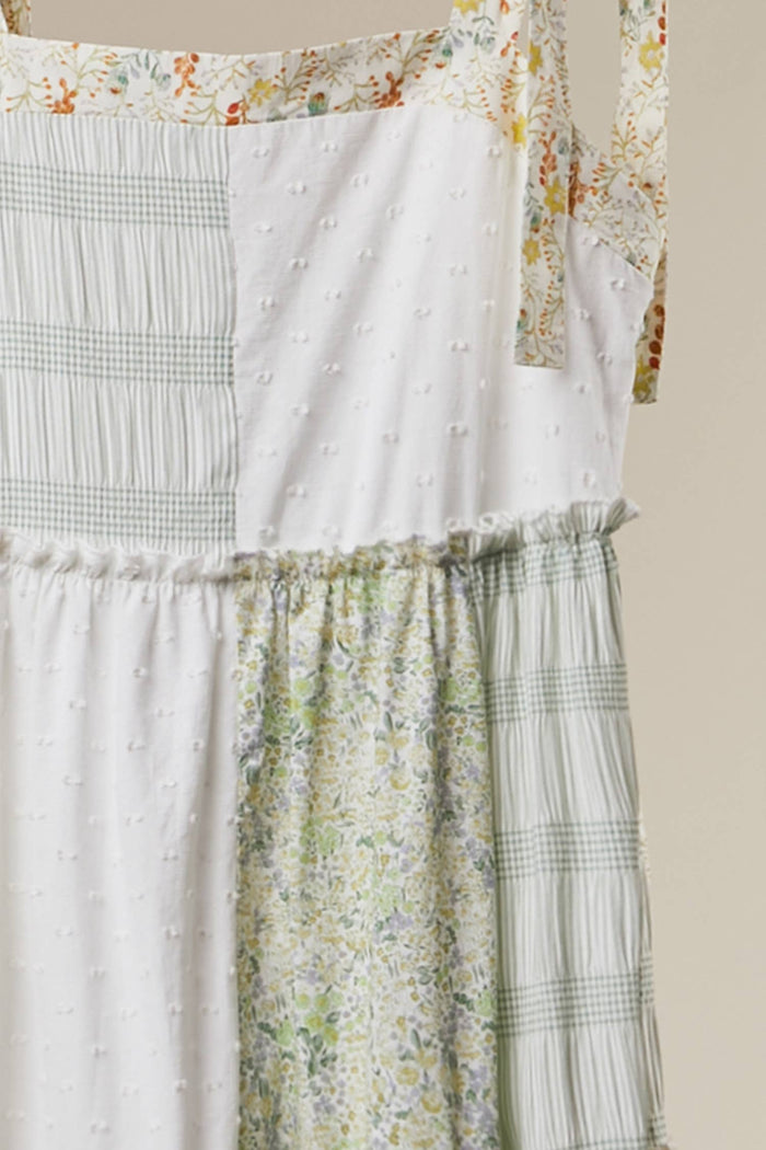 Patchwork Tie-Shoulder Tiered Maxi Dress