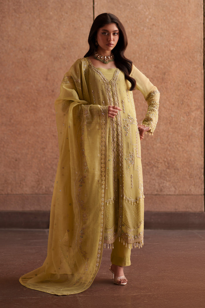 NAQSHI Pedro lime green embroidered khadi net 3-piece luxury pret outfit with PK raw silk trousers and cotton organza dupatta from Aura collection