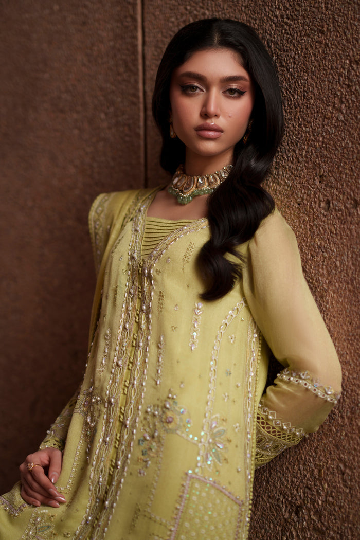 Portrait styling shot of Pedro lime green embroidered evening wear outfit featuring detailed neckline, fitted sleeves and refined festive elegance