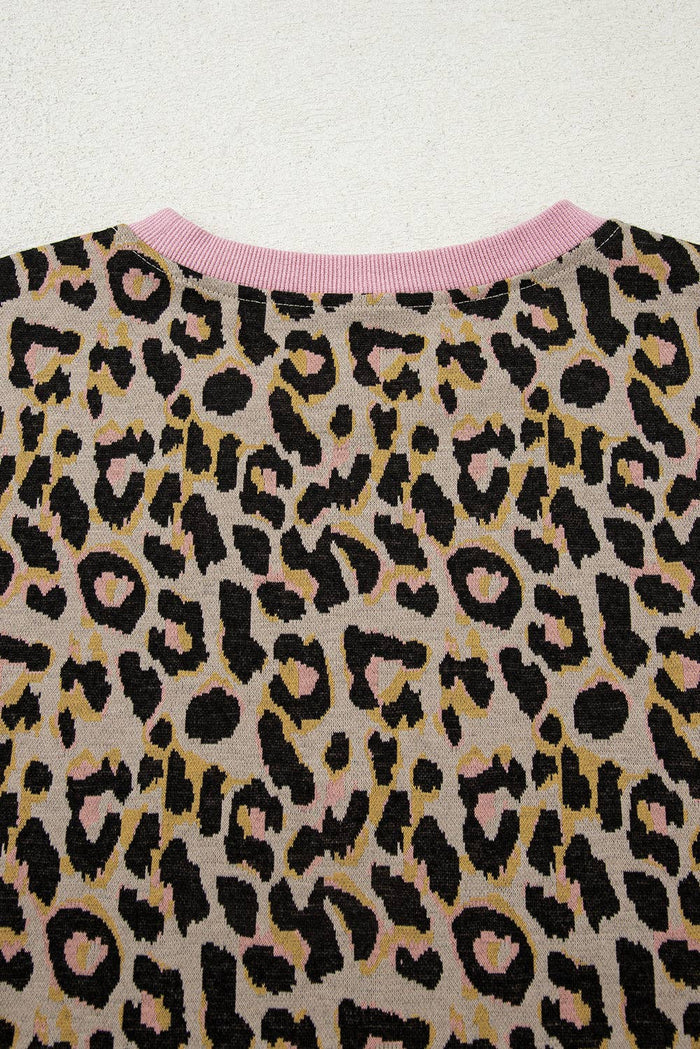 Pink Leopard Print Contrast Edge Long Sleeve Pullover Shorts Set