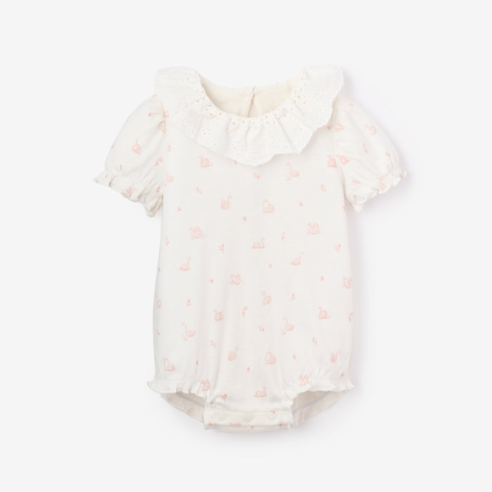 Pink Swan Print Organic Cotton Rib Baby Bubble Romper