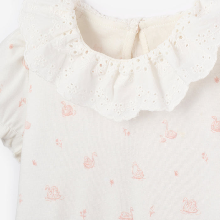 Pink Swan Print Organic Cotton Rib Baby Bubble Romper