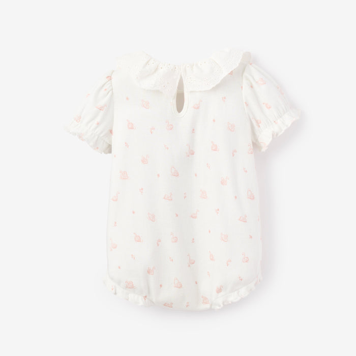 Pink Swan Print Organic Cotton Rib Baby Bubble Romper