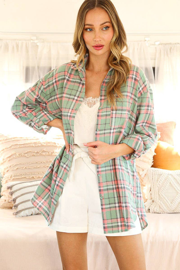 Plaid Print Collared Roll-Up Oversized Shirt