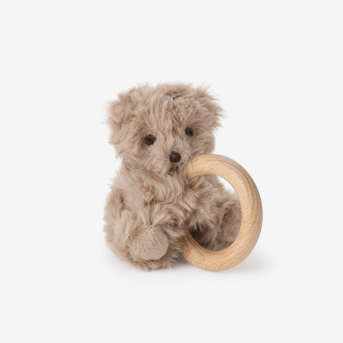 Plush Textured Bear Wooden Ring Rattle