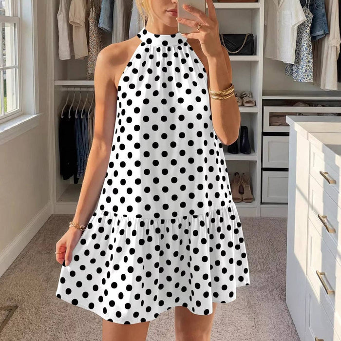 Polka Dot Halter Neck Mini Dress Ruffle Hem Summer