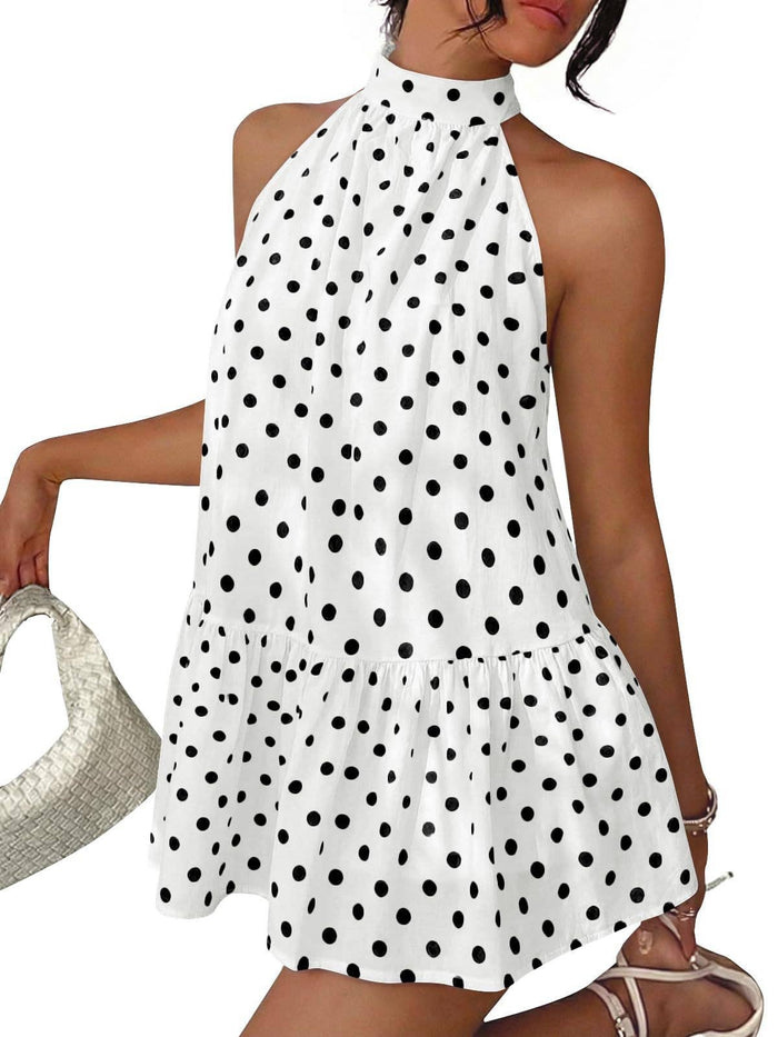 Polka Dot Halter Neck Mini Dress Ruffle Hem Summer