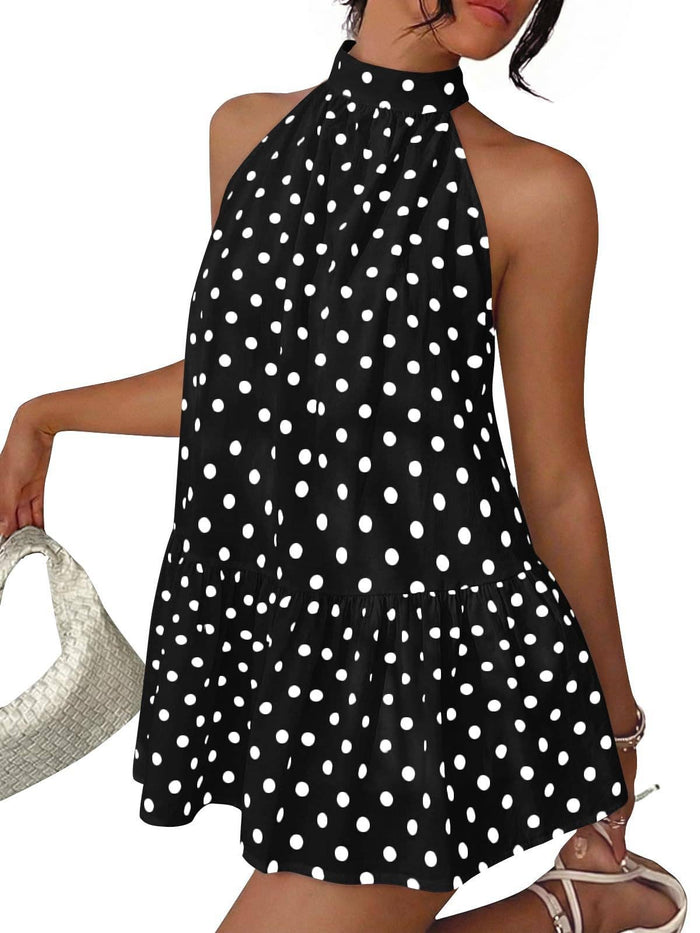 Polka Dot Halter Neck Mini Dress Ruffle Hem Summer