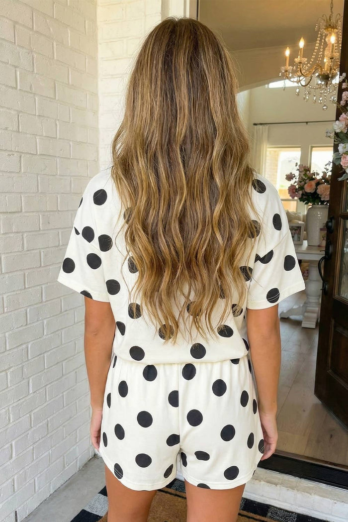 Polka Dot Print Loose Tee Drawstring Short Set (S-XL)