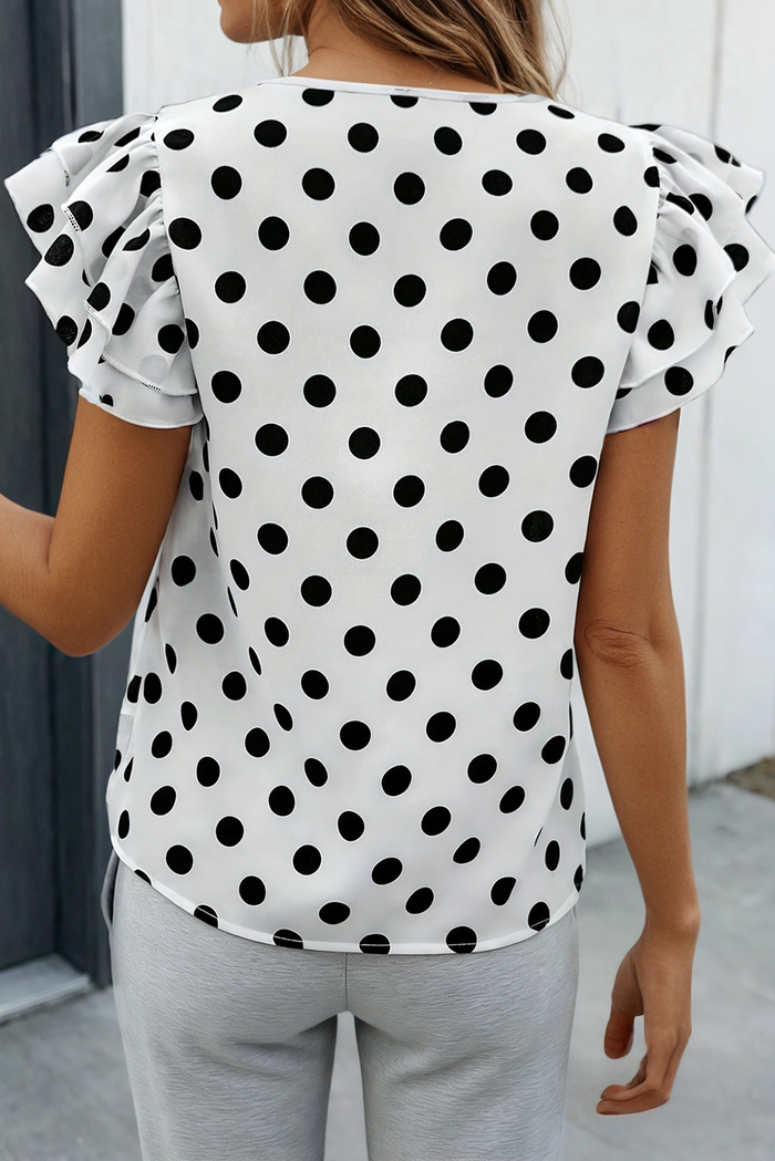 Polka Dot Tiered Flutter Sleeve Floral Top (S-XL)