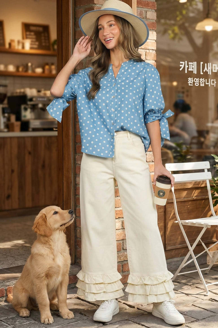 Polka Dot V-Neck Short Bow Sleeve Casual Shirt