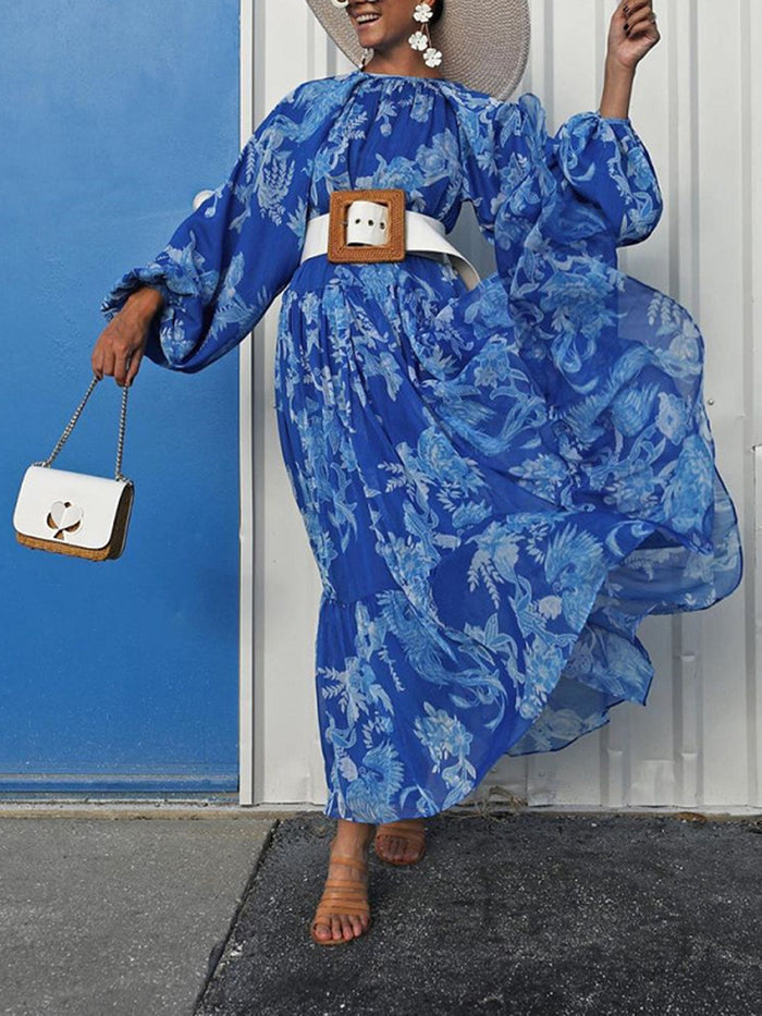 Print Chiffon Lantern Sleeves Dress