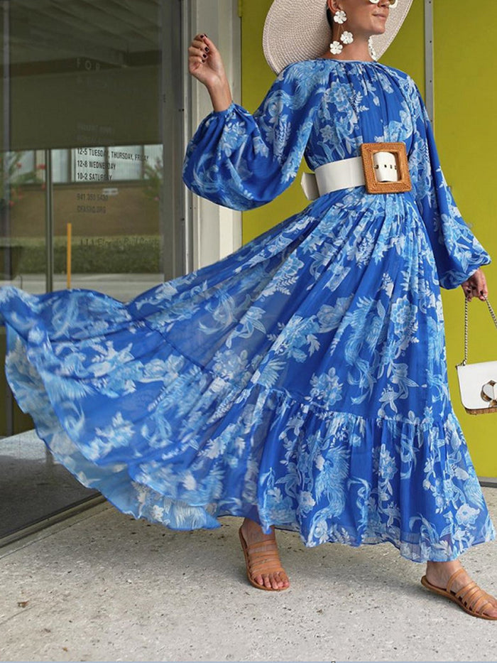 Print Chiffon Lantern Sleeves Dress