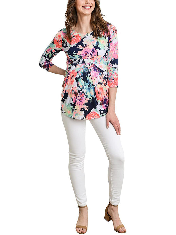 Printed Cropped Sleeves Round Neck Casual Pregnant Maternity Tops