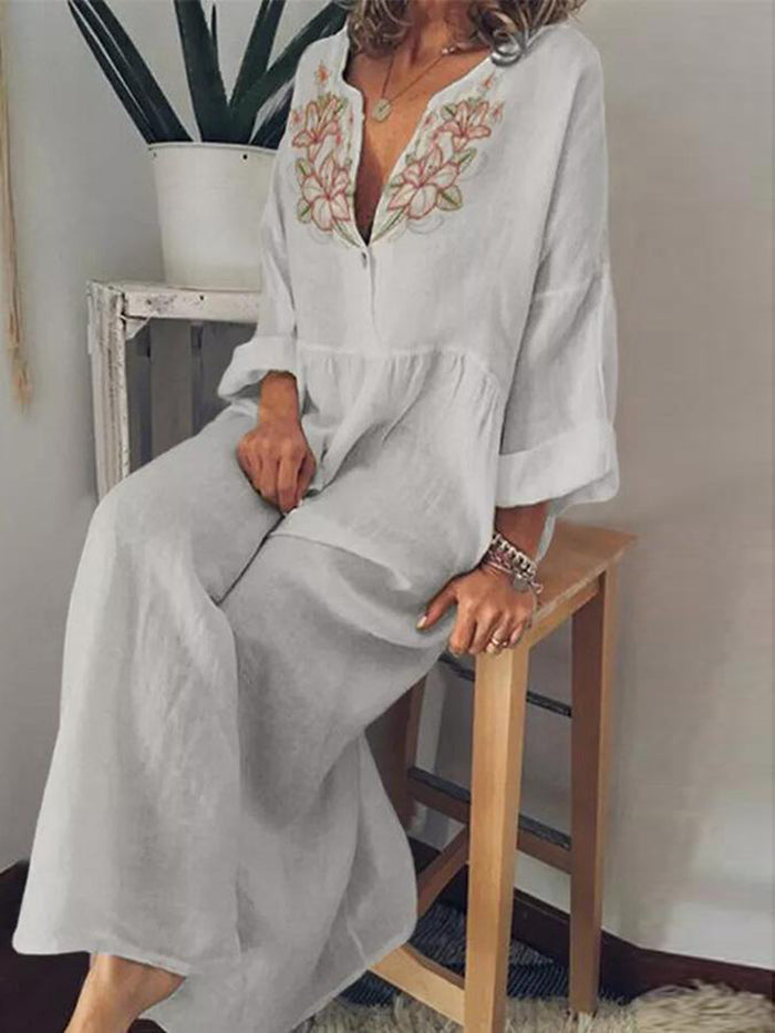 Printed Long Sleeves Linen Maxi Dress
