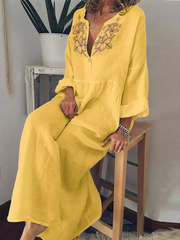 Printed Long Sleeves Linen Maxi Dress