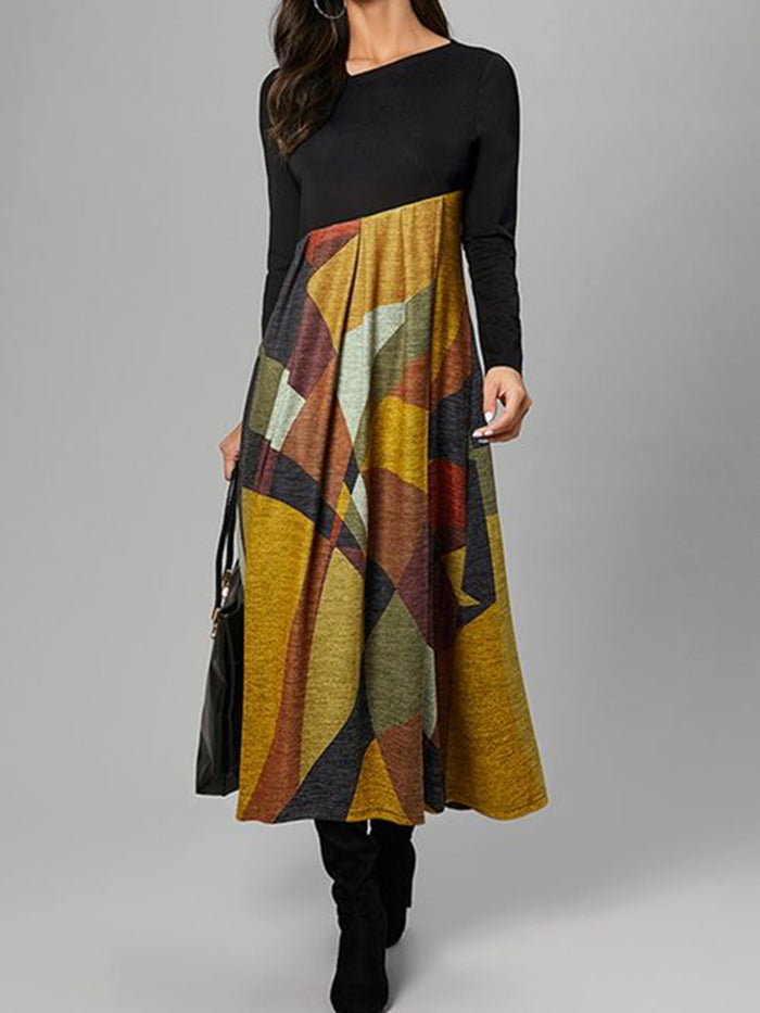 Printed Stitching Long Sleeve High Waist Casual Dress