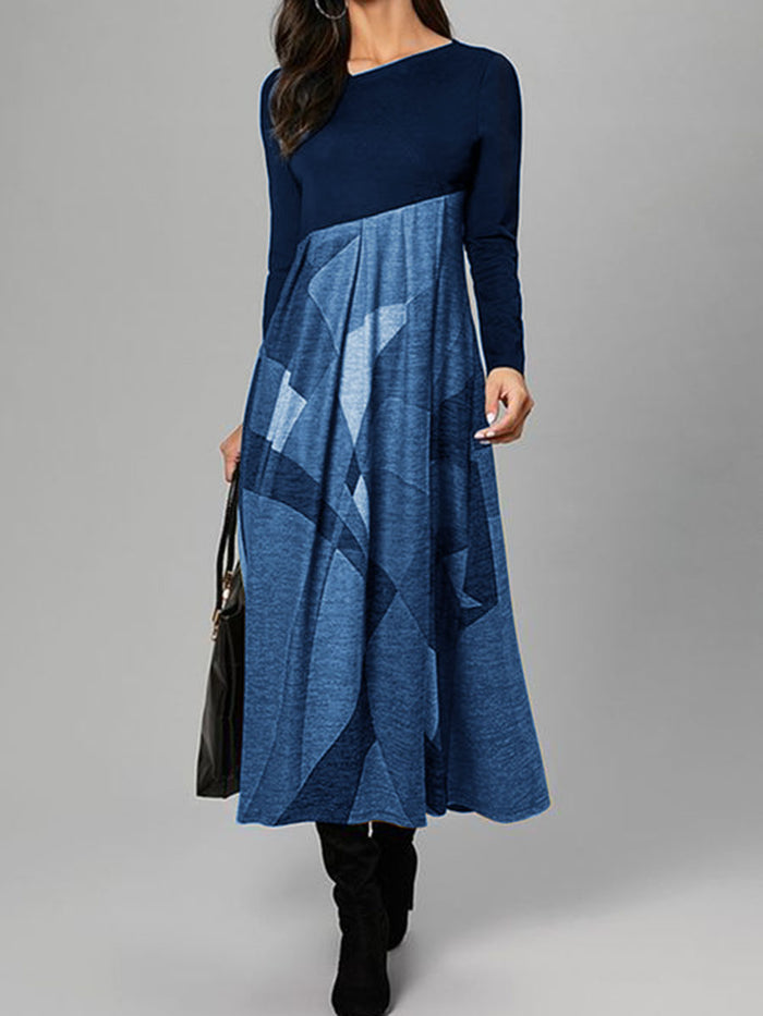 Printed Stitching Long Sleeve High Waist Casual Dress