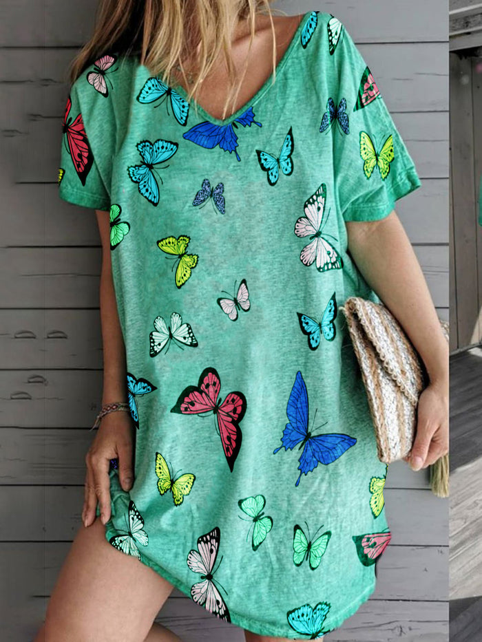Printed V-Neck Short Sleeve Dress
