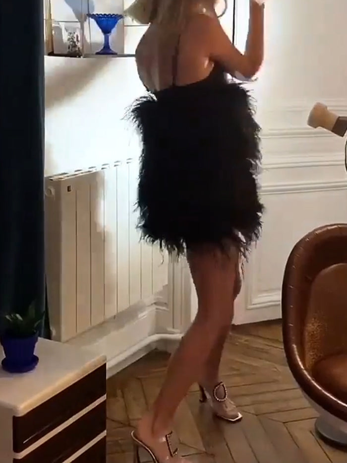 Prom Sexy Sling Feather Tassel Mini Dress
