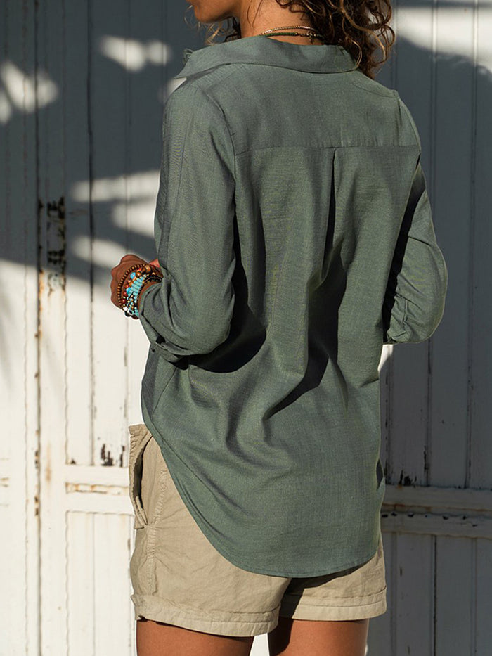 Pure Color Casual Tops Button Up Thin Shirt
