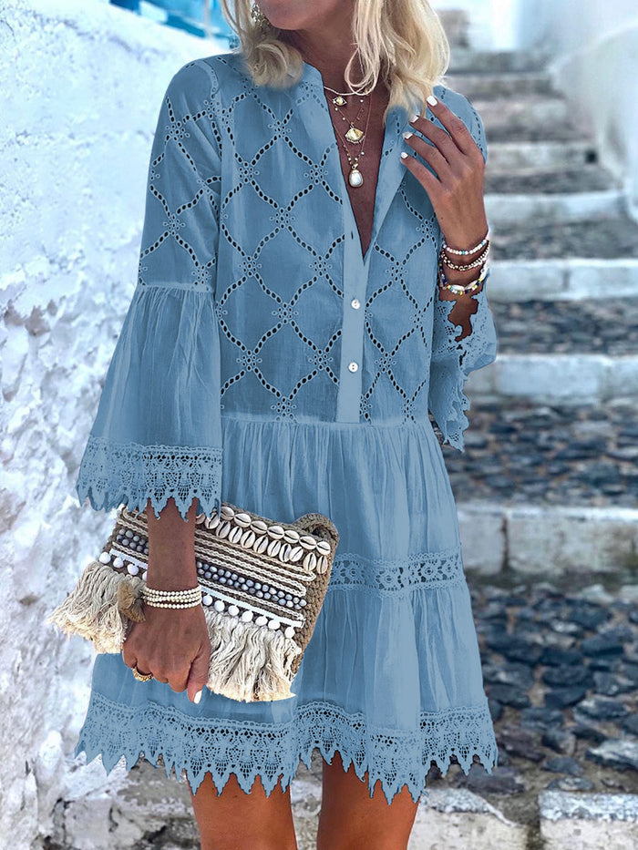 Pure Color Hollow Lace Stitching Dress